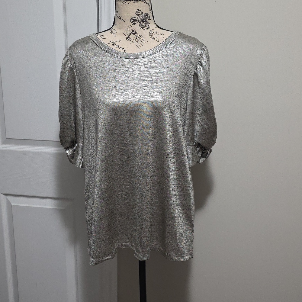 Kim & Cami Silver Sheen Puff Sleeve Short Sleeve Shirt Top Medium